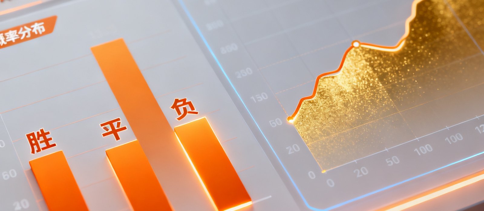 AI预测模型可视化界面，展示胜平负概率分布的柱状图与历史走势曲线，数据以橙色和金色高亮显示